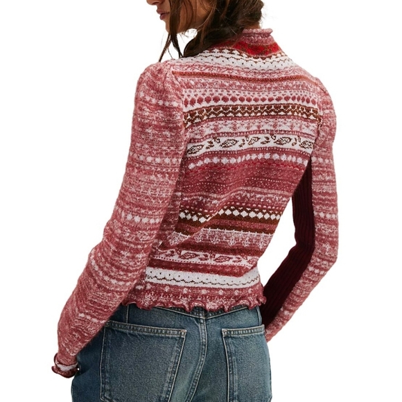 Free People Bali Juniper Turtleneck Sweater Rhubarb Red Fairisle Size Medium - Picture 6 of 13
